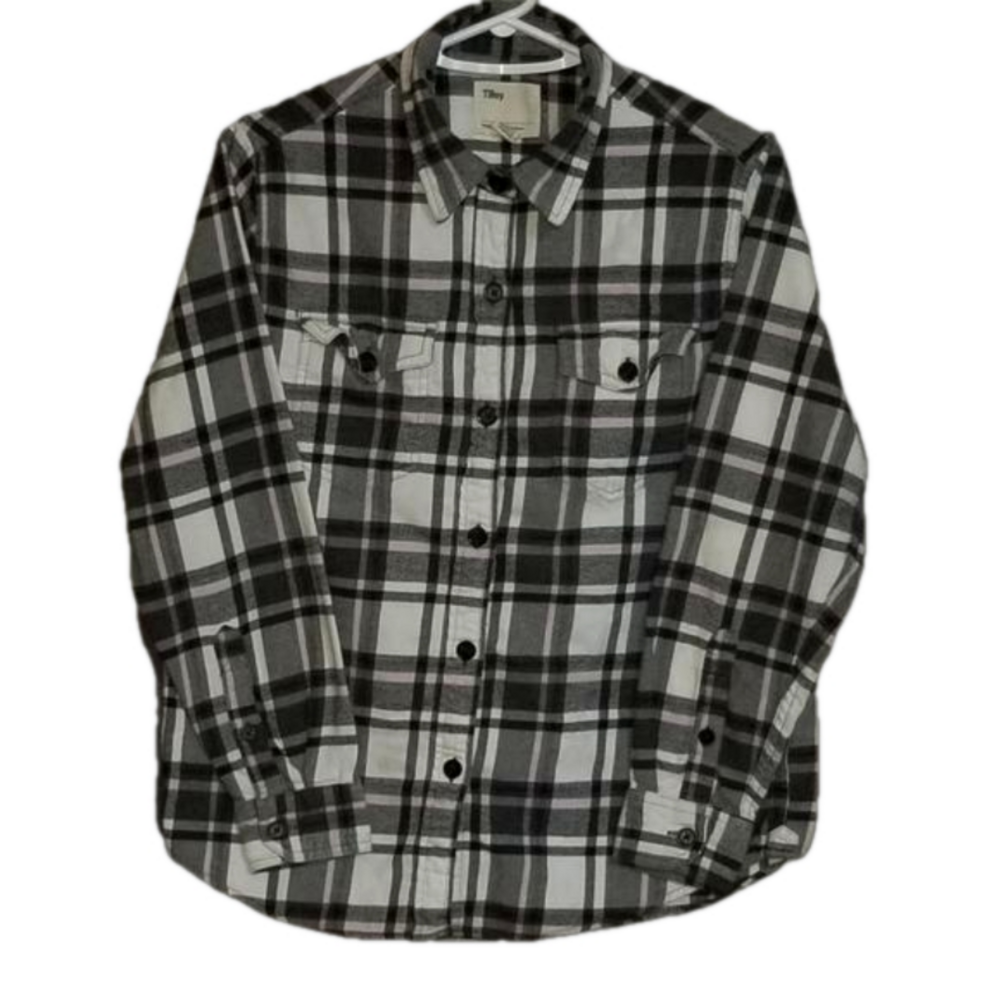 Tilley Long Sleeve Plaid Flannel Shirt Black And Pink Stripes Label Reads Size M